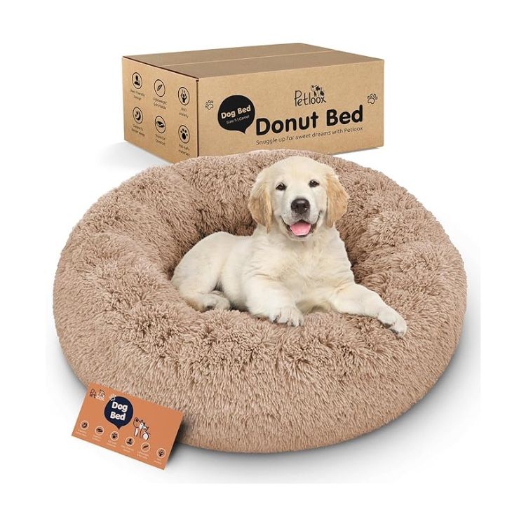 Donut Dog Bed, Size L – Plush Round Bed for Large Dogs, Camel