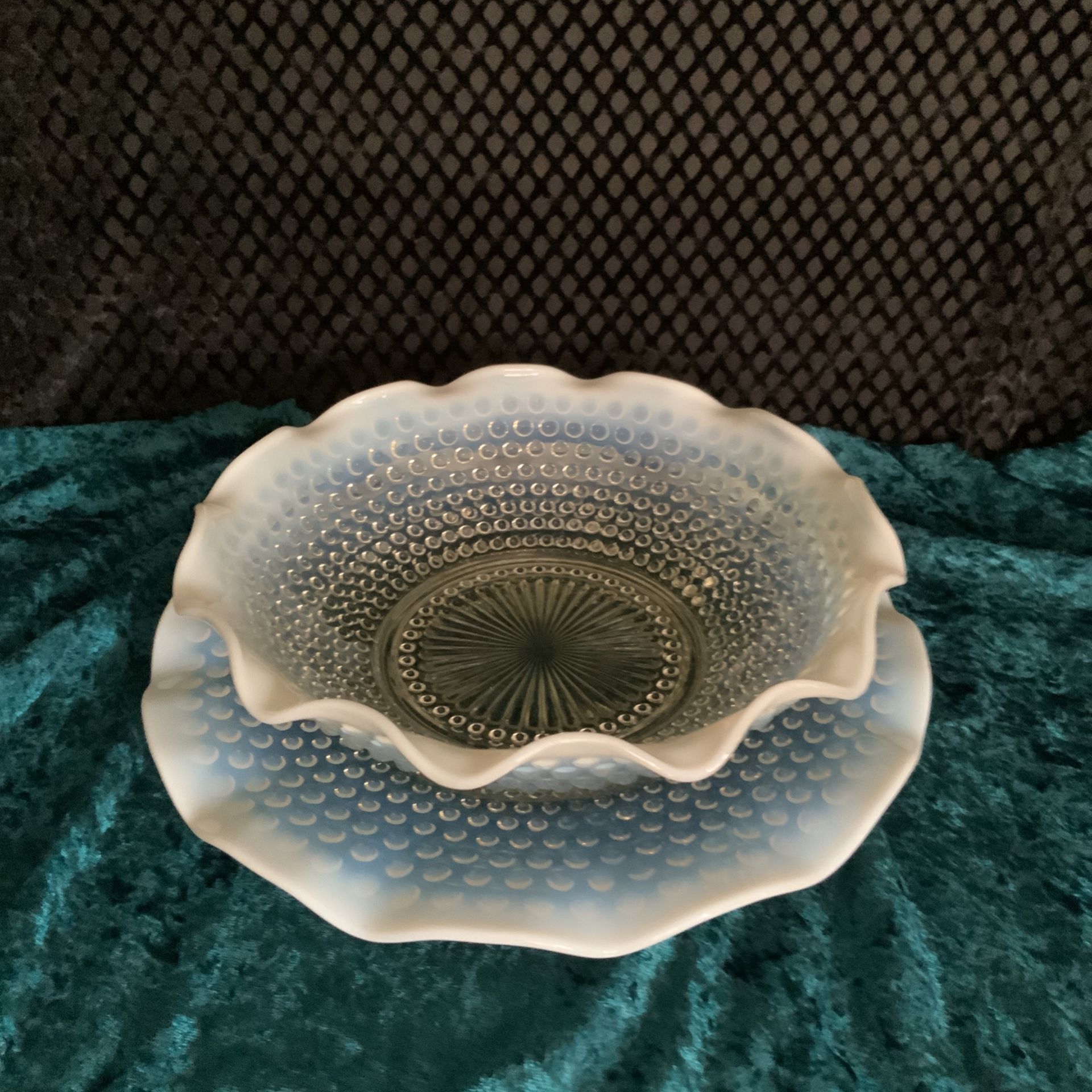 ANCHOR HOCKING HOBNAIL MOONSTONE OPALESCENT PLATE AND BOWL
