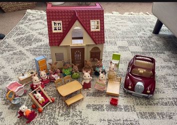Vintage Sylvanian Families Calico Critters Red Roof Cozy Cottage, Car, furniture and Rabbits