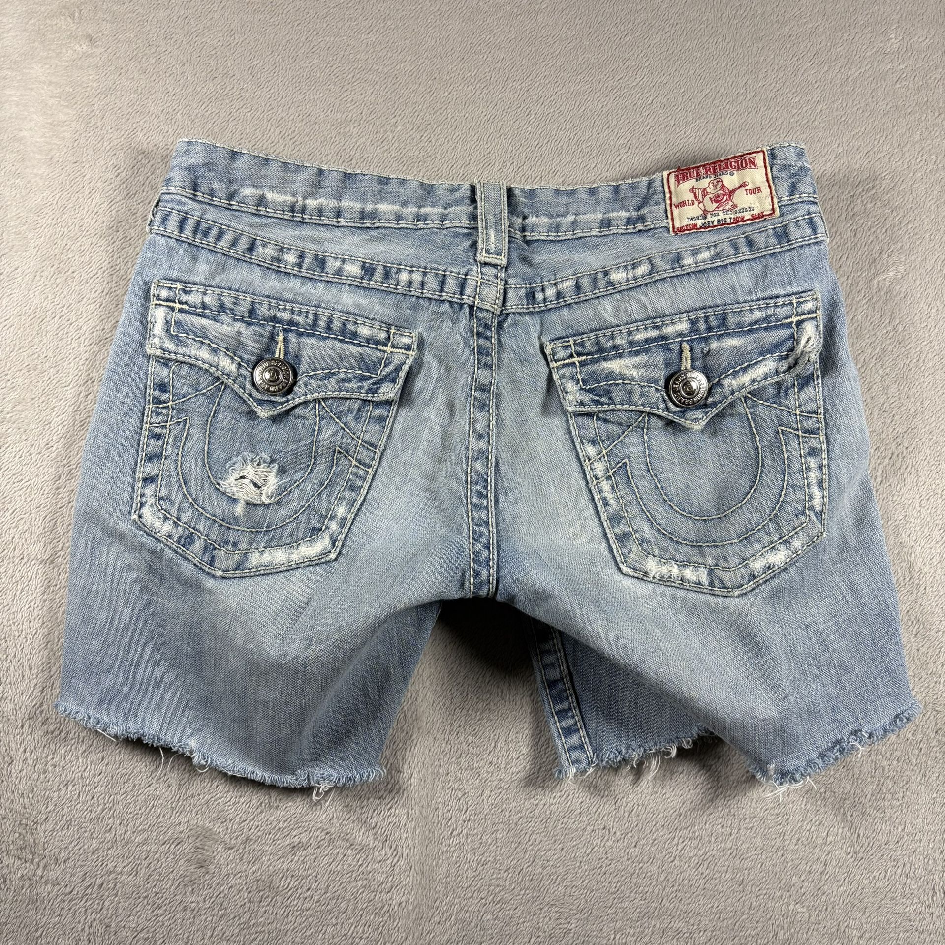 Y2K True Religion Joey Big T Women’s 30 Blue Cut Off Denim Jean Shorts #2822