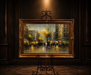 Vintage Mid Century Modern Original Oil Painting- Parisian Street Scene | Large Ornate Wooden Frame