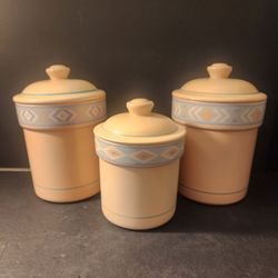 Vintage Treasure Craft Southwest Ceramic Canister Set of 3 - Peach & Blue