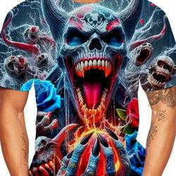 Man's 3D Skulls Roses Print T Shirt 