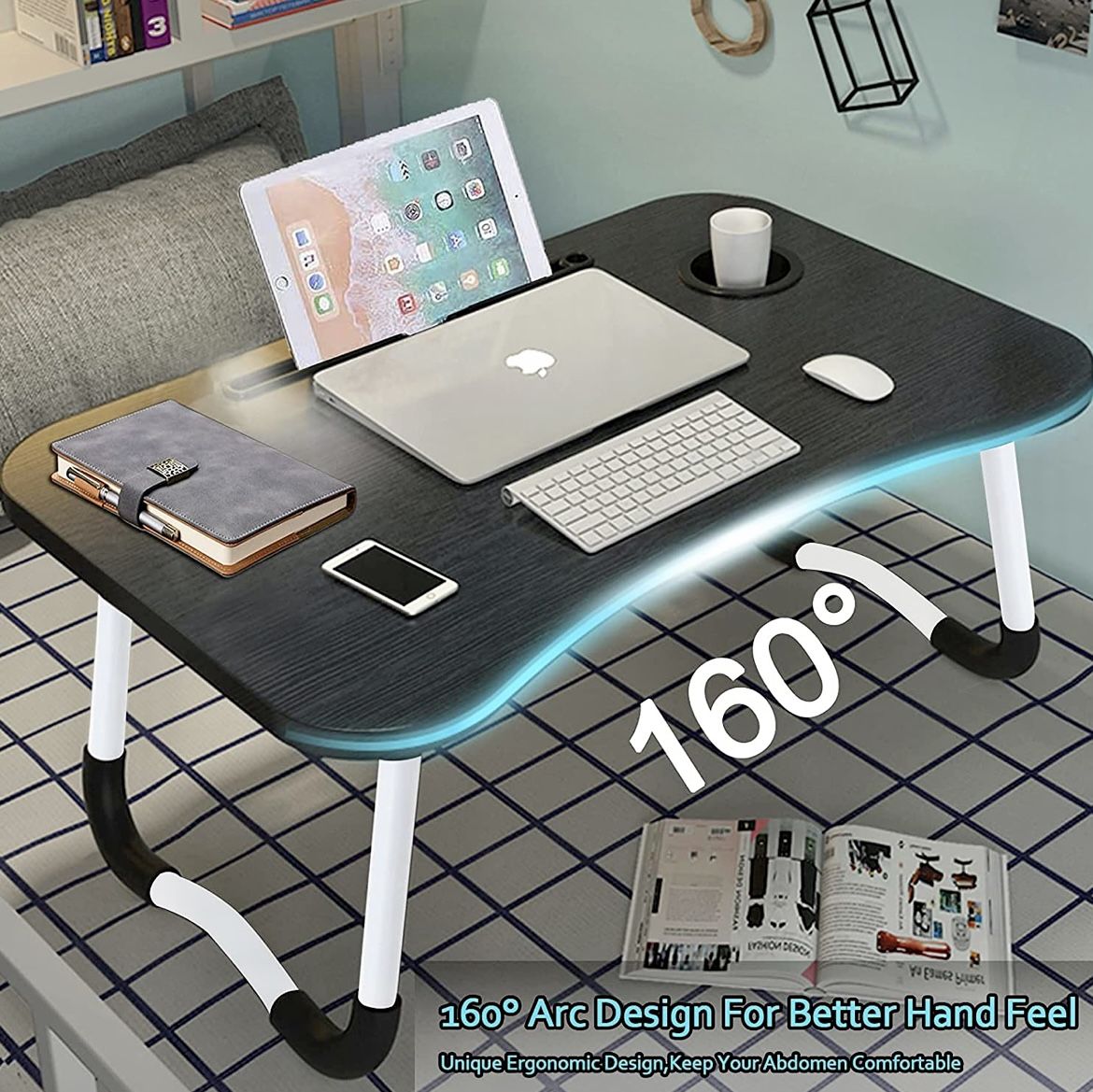*NEW* Oak Laptop Desk, Wheanen Portable Laptop Bed Tray Table Notebook Stand Reading Holder with Foldable Legs & Cup Slot for Eating Breakfast, Readin