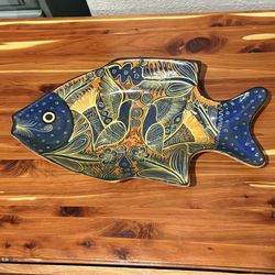 Handcrafted Mexican Folk Art Fish Platter Wall Decor • Etched Birds & Floral Design • 14.5”