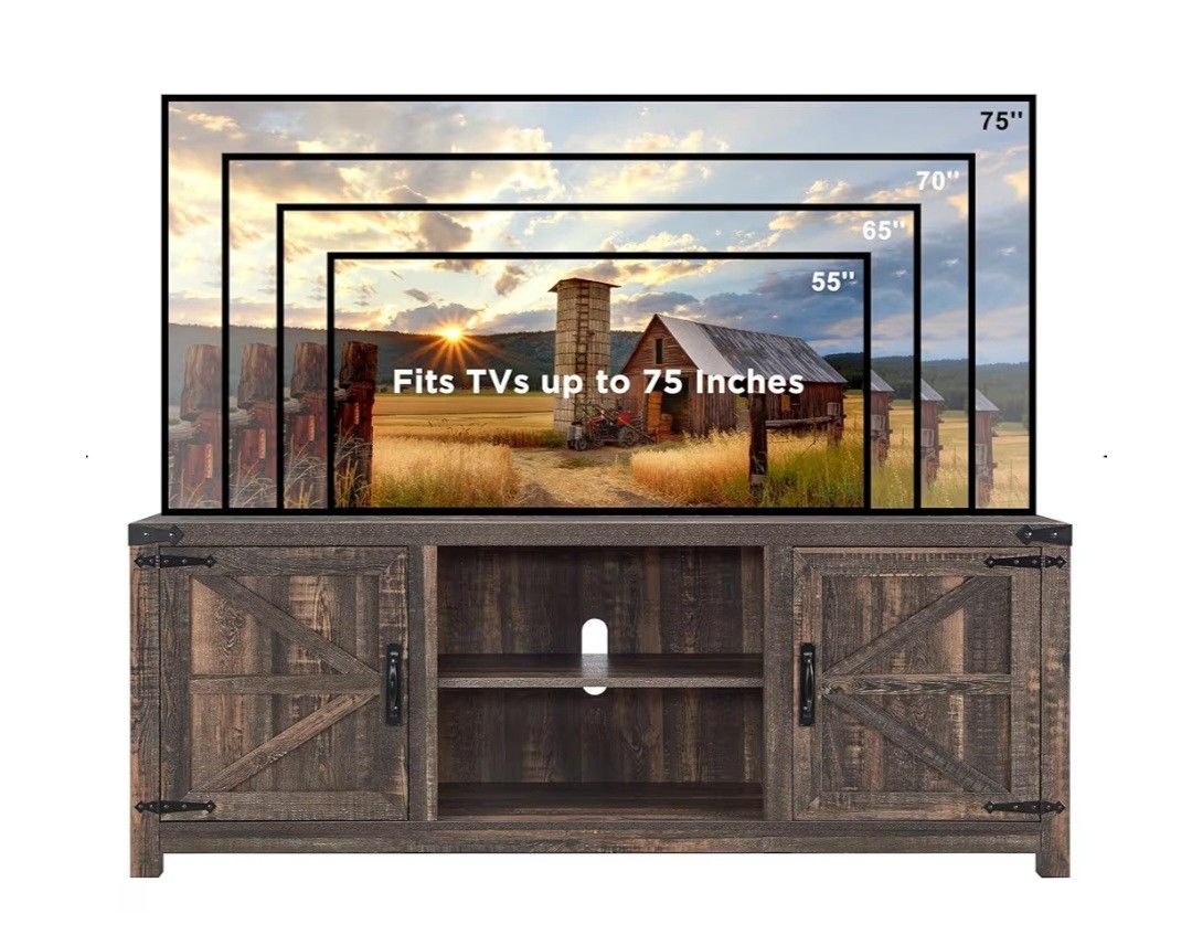 TV Stand for TVs Up to 75 inches, Wood Barn Door Media Television Console Table with Storage Cabinets, Easy Assembly Modern Entertainment Center for L