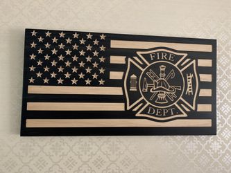 Wooden fire fighter Maltese cross flag