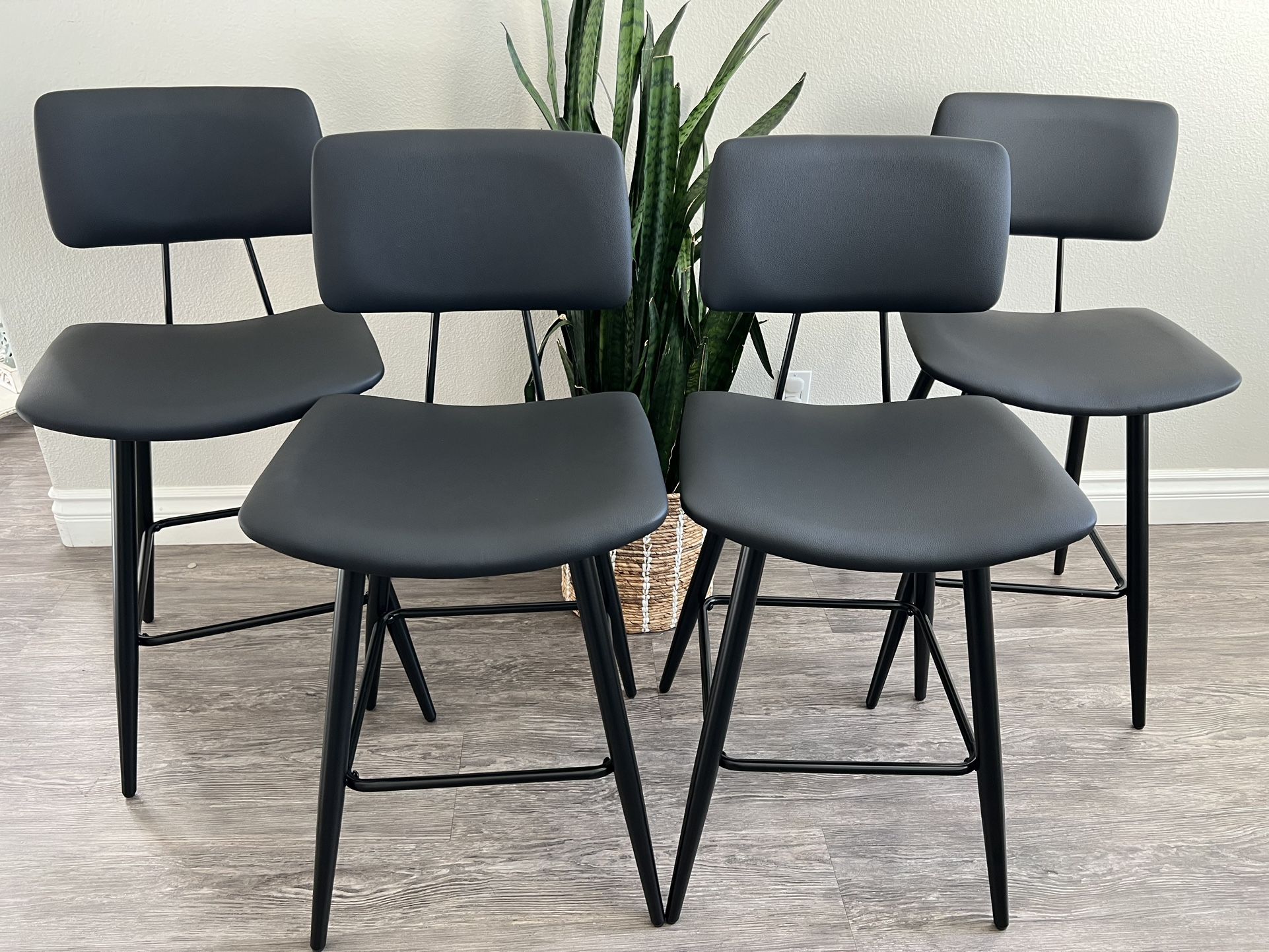 24.5" Counter Height Bar Stools Set of 4, Black Faux Leather Upholstered Barstools with Back Footrest and Metal Legs, Armless Bar Chairs for Kitchen I