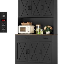 71" Pantry Cabinet with Charging Station, Tall Kitchen Pantry Storage Cabinet with Microwave Stand, Farmhouse Kitchen Hutch with Storage Drawers for L
