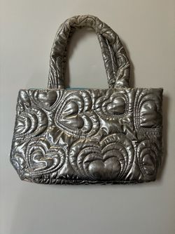 Silver Quilted Heart Puffer Tote Bag