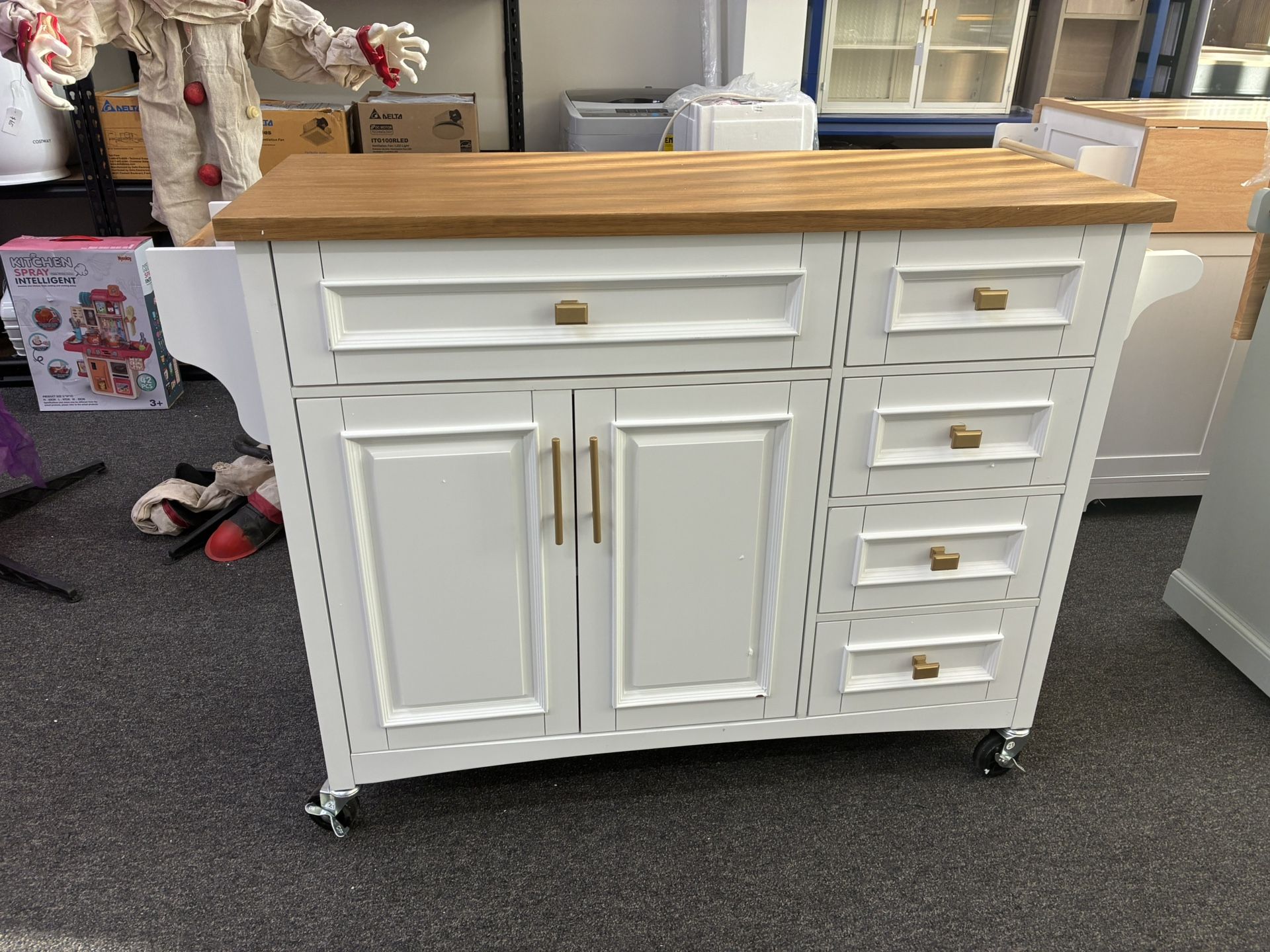 Newly Assembled Kitchen Island with Drop Leaf, Embossed Texture Kitchen Island on Wheels