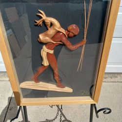 Vintage Pair Of Framed Hunter And Gatherer Teak Signed Wall Hanging  Figurines 