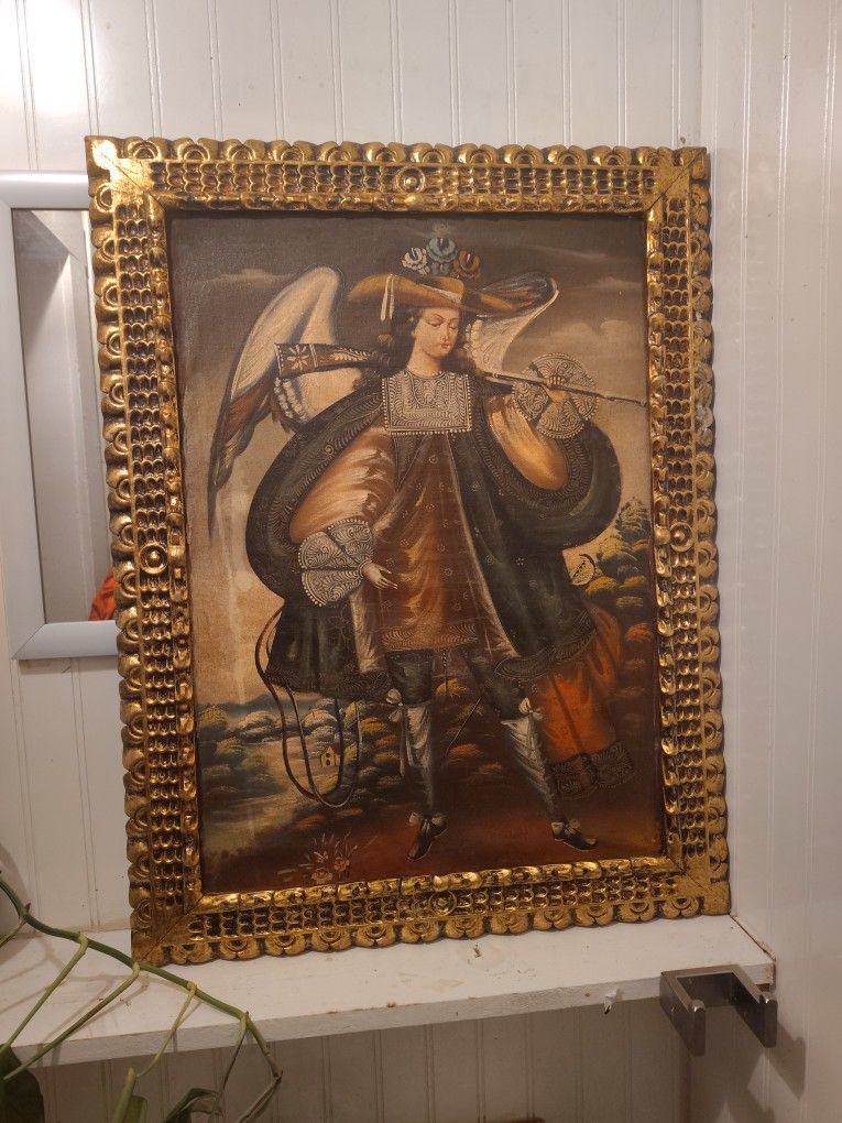 Vintage Hand Painting Of Michal Archangel With Golden Gilden Frame