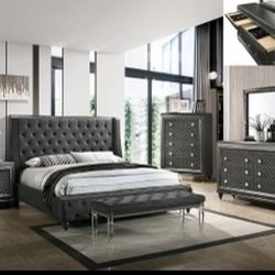 Brand New 4 Piece Queen Bedroom Set Charcoal Grey Black  Includes Dresser Mirror Nightstand  And Chest