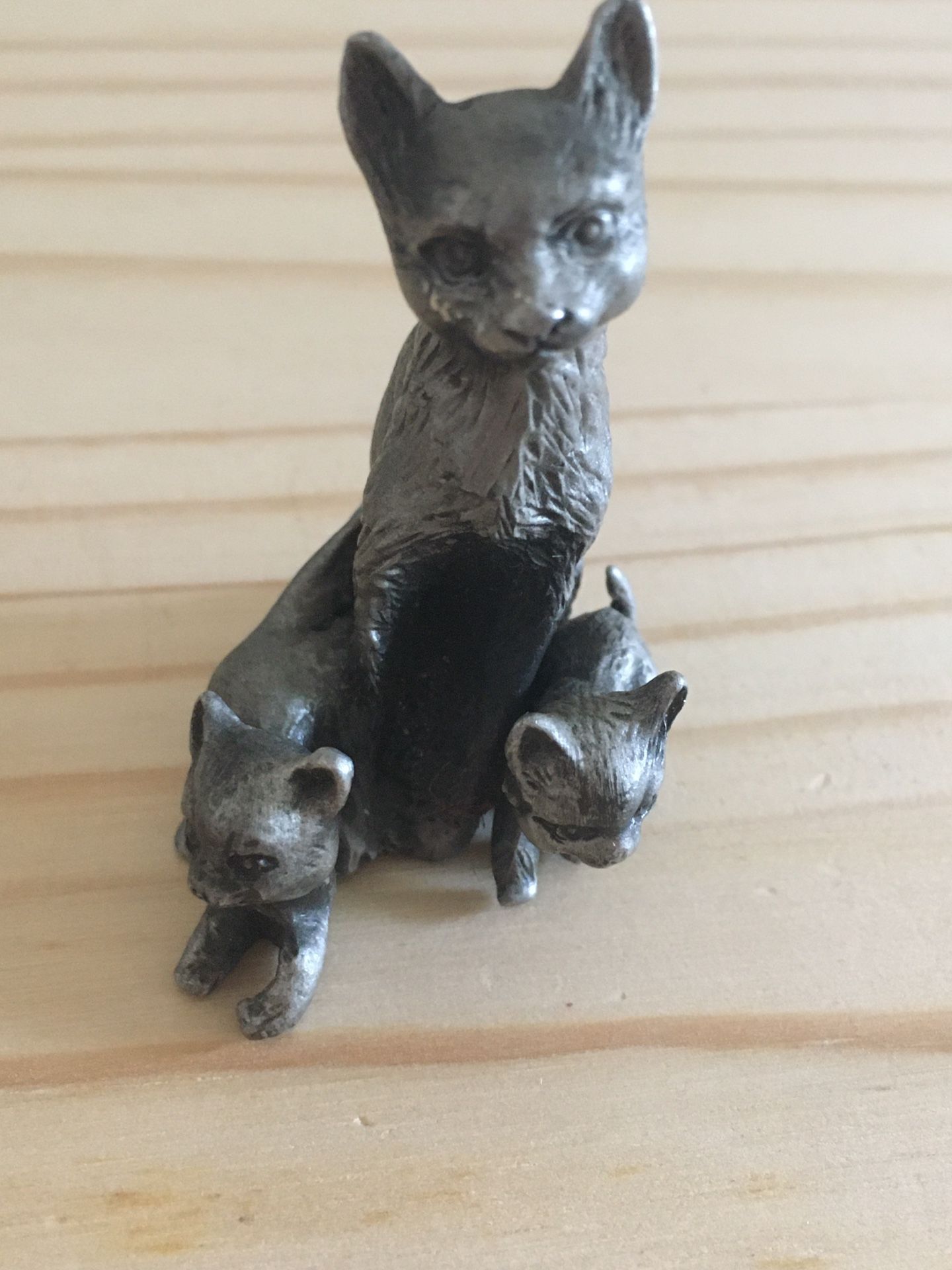 Vintage Metal Pewter Miniature Cat Figurine Mama with Baby Kitten