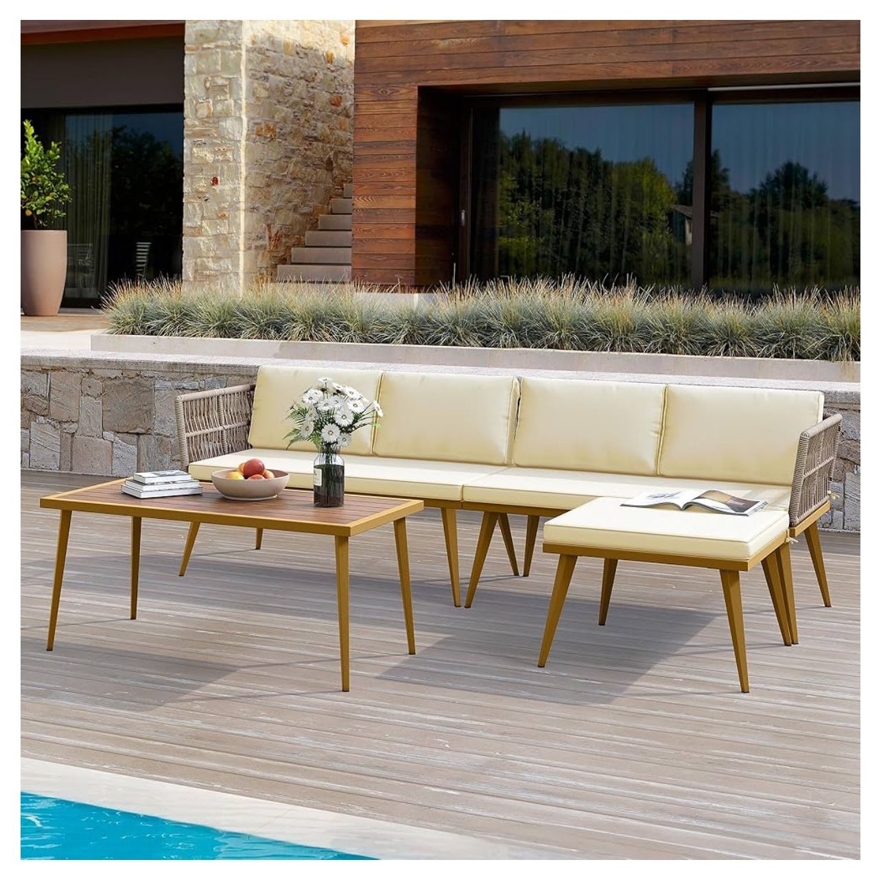 Brand new YITAHOME 4 Pieces Patio Furniture Set, Outdoor Rattan Woven Conversation Sectional L-Shaped Sofa with 5 Seater for Backyard, Porch, Or Patio