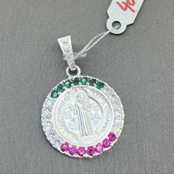 925 Sterling Silver St Christopher Pendant With Red And Green Cz Stones I-455 7.06grams 