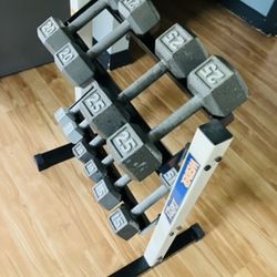 Hex dumbbells 8’s - 25’s 5 sets of weights w/ dumbells weight rack