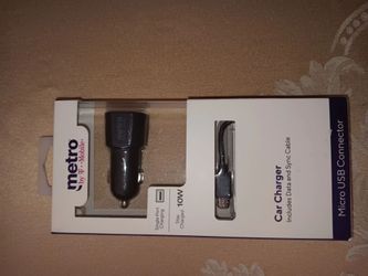 10 W- SINGLE PORT CHARGING -CAR CHARGER INCLUDES DATA & SYNC CABLE MICRO USB CONECTOR.