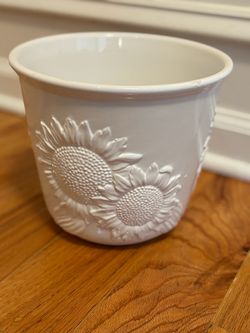 White Ceramic Planter with Sunflower