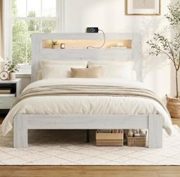 Modern Farmhouse Bed Frame with LED Lights and Charging Station, Wooden Platform Bed with Storage Headboard Mattress Foundation with Silent Slat Suppo