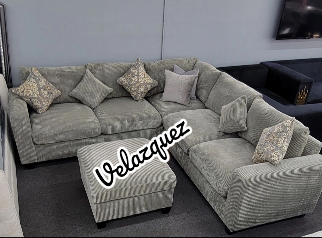 ✅️✅️ 4pc for grey corduroy fabric upholstered sectional sofa with ottoman ✅️✅️