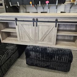 Brand New Tv Stand Grey With Farm Doors & Shelves 71" 