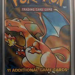 sealed Pokémon Base Set booster pack featuring Charizard on the cover, encased in a prote...