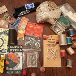 Vintage Sewing Notions Thread Needles Thimbles Pins Snaps Measuring Tape