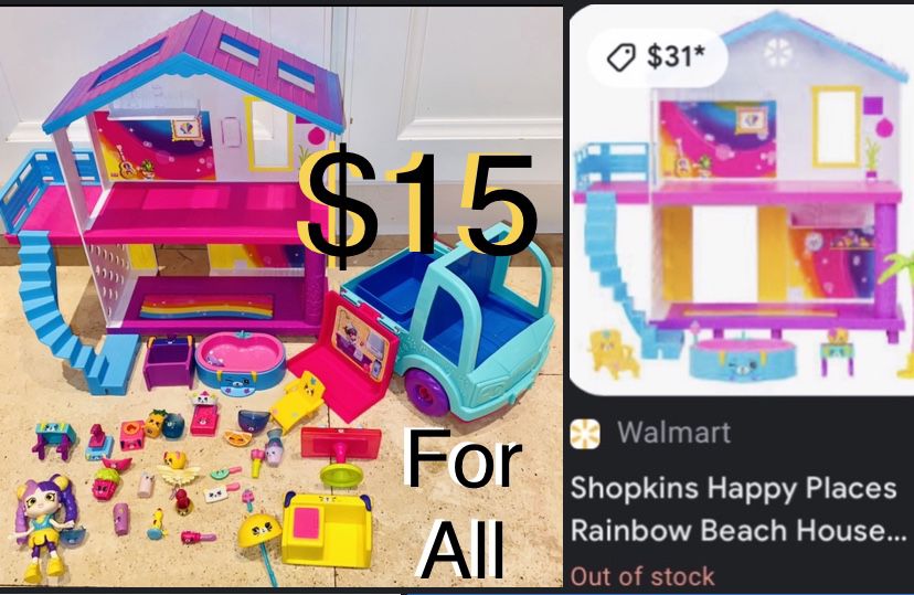 $15 Shopkins Happy Rainbow Beach House Plus a lot accesories,Doll & Car all like New
