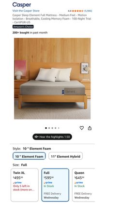 NEW: Casper Element Full Size Mattress