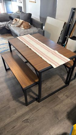 Wood and Metal Dining Table with Bench