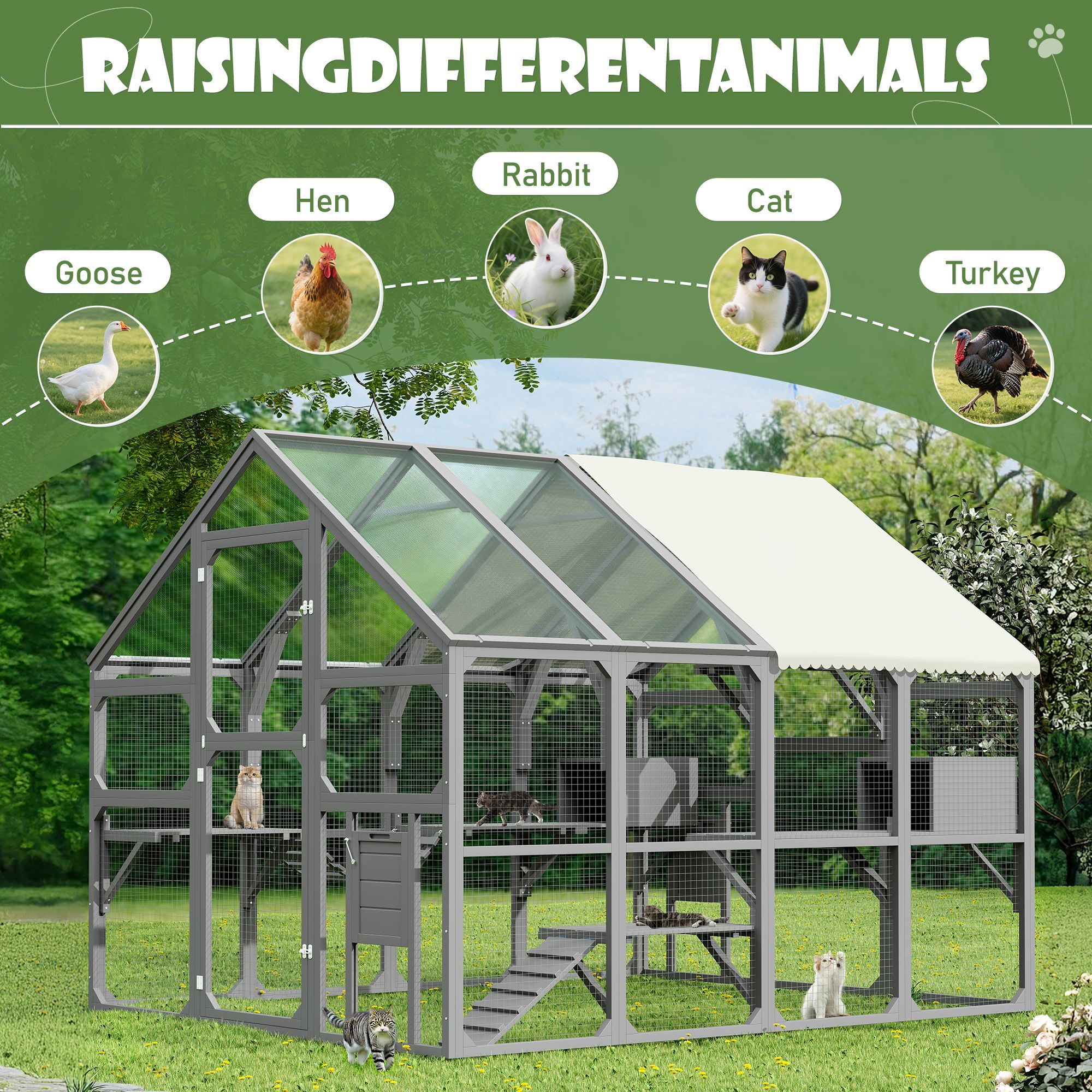 Large Catio Outdoor Cat Enclosure for Multiple Kittens, Wooden Cat House with 7 Platforms, 2 Resting Boxes, 1 Bridge and 1 Ramp, Walk in Kitty Cage Ke