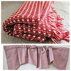 Cotton Reversible Double Sided Red and White Checkered Plaid Fringed Warm Throw Blanket and Checkered Curtain Valance Set. 

Valance is 68"W, 18" at L