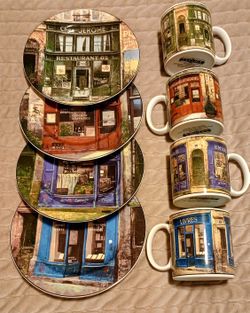 SET OF 12 Piece PARIS BISTRO CAFE STORE FRONT PLATES, WALL HANGINGS, MUGS EXCELLENT CONDITION