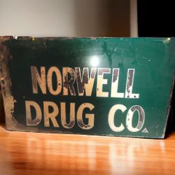 25.5” Vintage Norwell Drug Co. Reverse Painted Glass Store Sign Advertisement, 1950’s