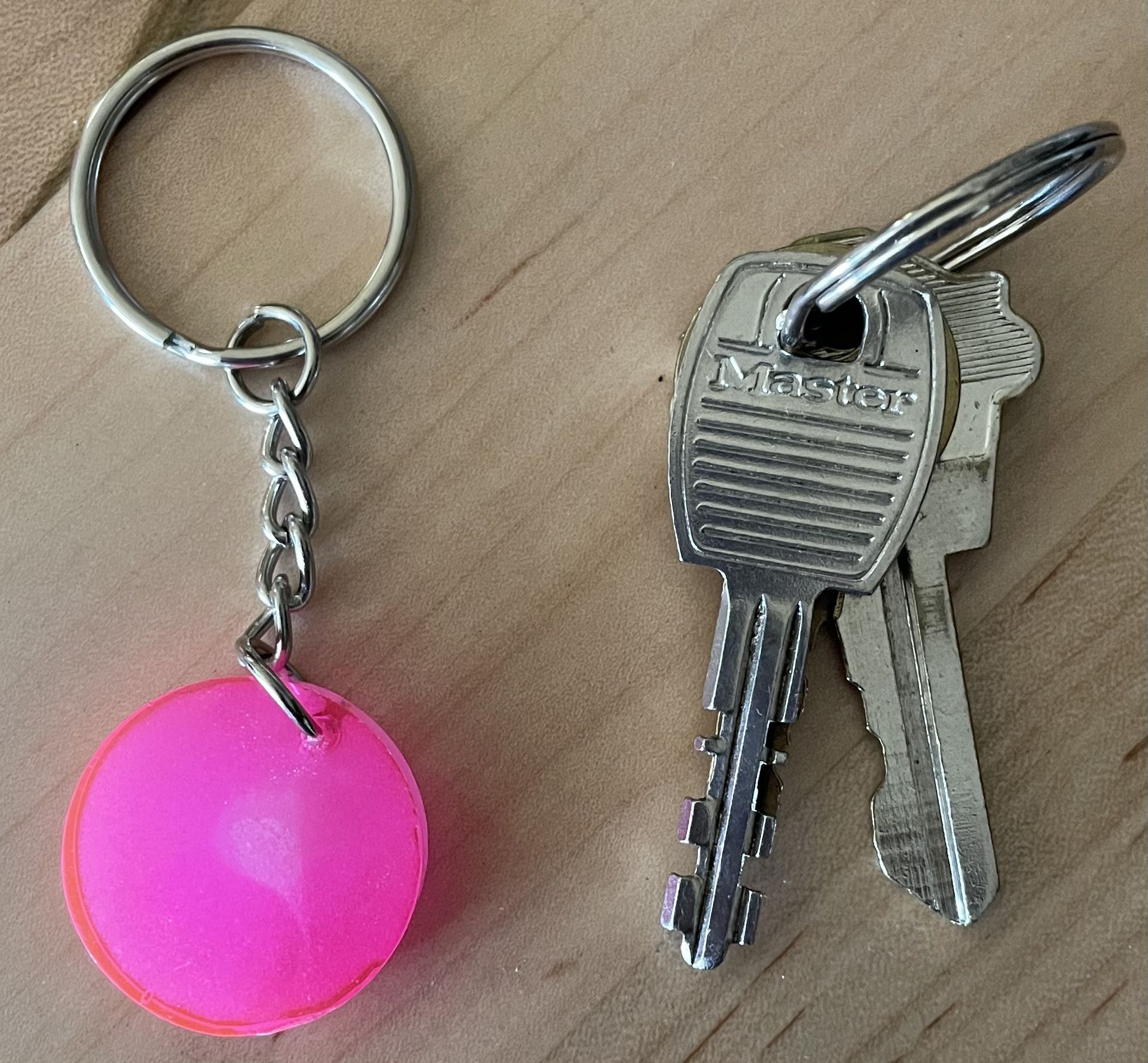 One-of-a-kind Pink, Circular, Silver Glitter Resin Pendent Key Chain