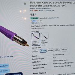 Blue Jeans Subwoofer Cable 20 Ft Long