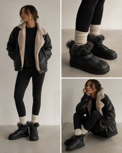 Stuart Weitzman Boots Womens 8.5 Janica Black Leather Dyed Lamb Fur Chunky Boot