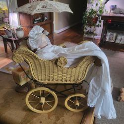 20x22 Anitique Wicker Buggy With Porcelain Doll