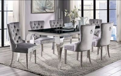 Brand New Black, Chrome & Grey 7pc Formal Dining Table Set