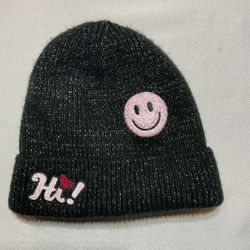 HI , HAPPY FACE KNIT BEANIE SPARKLY THREAD ONE SIZE FITS ALL
