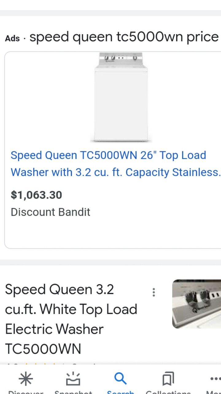 NEW SPEED QUEEN TOP LOAD WASHER. MODEL# TC5000WN. COLOR, WITHE. SIZE, 3.2 CAPACITY. WIDTH, 25-5/8. HEIGHT, 42-3/4. DEPTH, 28. HEIGHT WITH LID OPEN, 53