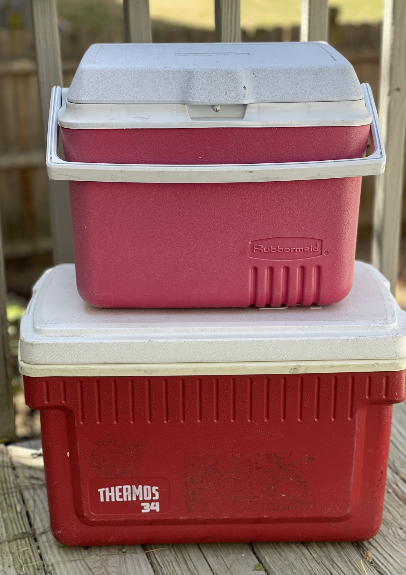 2 Coolers, Thermos (34 Quart) and Rubbermaid w/ Handle