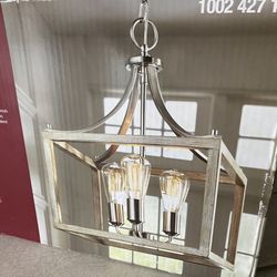 Boswell Quarter 14 in. 3-Light Brushed Nickel Farmhouse Square Chandelier with Painted Weathered Gray Wood Accents—BRAND NEW