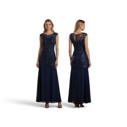 Pretty Guide Navy Blue Sequin Beaded Evening Gown