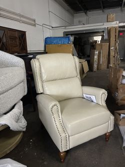 Traditional Roll Arm Manual Leather Recliner with Solid Wood Legs - Beige