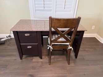 Wood and faux granite desk with wood chair