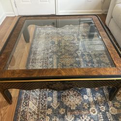 1980's Drexel Heritage Et Cetera Collection Chinoiserie Black & Gold Painted & Burl Coffee Table Glass Insert