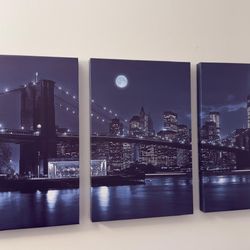 Denozer - 3 Panel Canvas Wall Art Prints - Modern New York Prints Cityscape Brooklyn Bridge